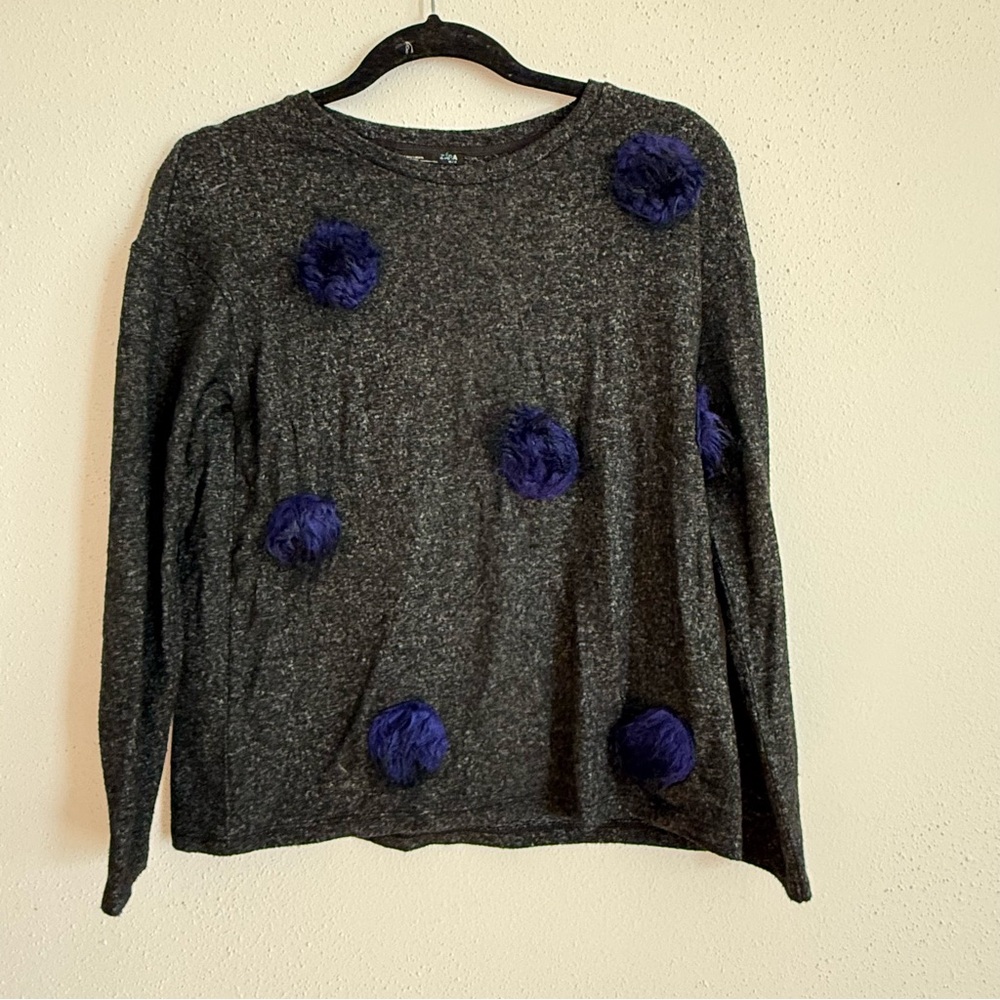 Zara Grey Long Sleeve Top With Blue Puff Ball Details Size Small